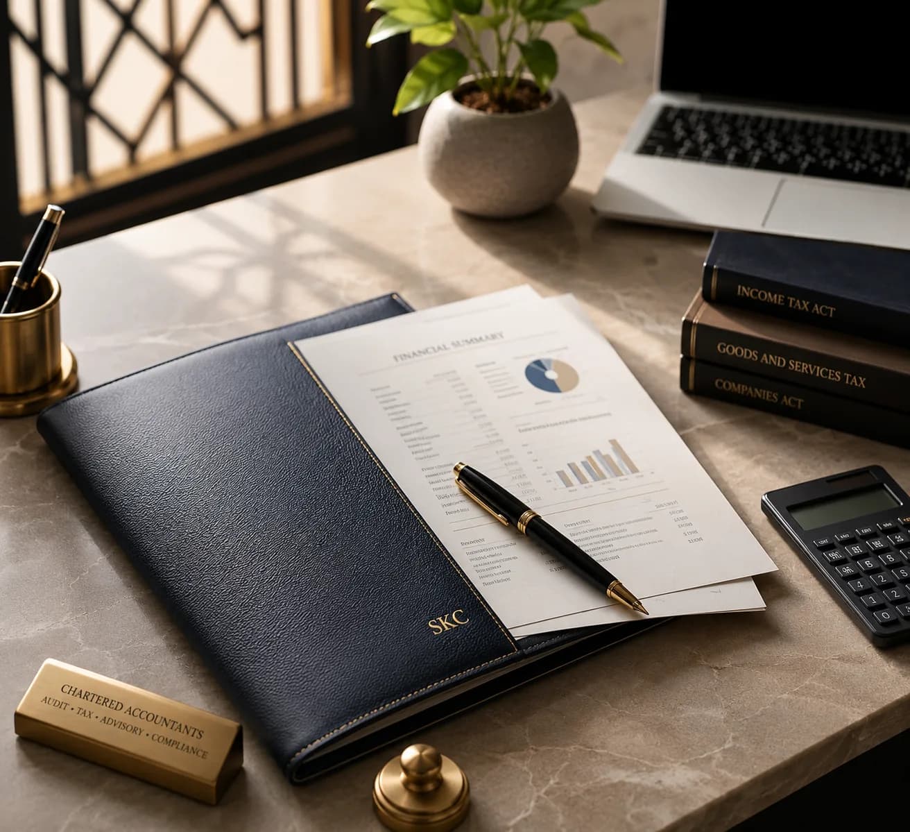 Professional accounting and advisory workspace with financial documents
